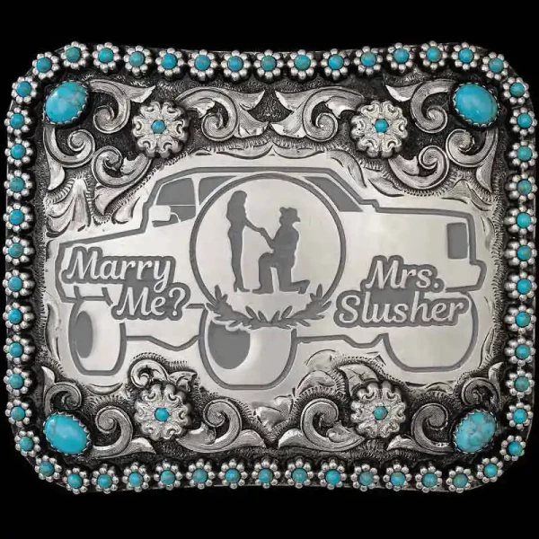Our Gorgeous Blue Creek buckle is the perfect personalized item for a special occasion or romantic gesture. It's crafted on a hand-engraved, German Silver base. This buckle is detailed with immaculate German Silver scrolls, flowers and a berry edge.